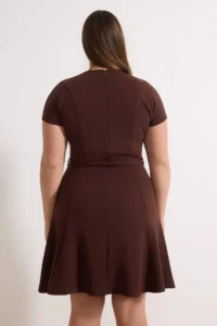 Trendyol Curve Brown Crew Neck Belted skater Short/Mini Knitting Plus Size Dress - Image 4