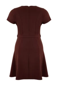 Trendyol Curve Brown Crew Neck Belted skater Short/Mini Knitting Plus Size Dress - Image 8