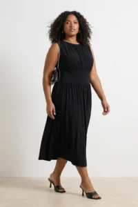 Trendyol Curve Black Crew Neck Gather Detailed Maxi Size Knitting Plus Size Dress