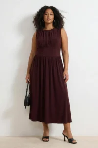 Trendyol Curve Brown Crew Neck Gather Detailed Maxi Size Knitting Plus Size Dress - Image 2