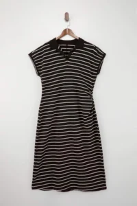 Trendyol Curve Brown Striped Polo Shirt Collar A-line Midi Knitting Plus Size Dress