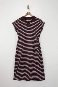 Trendyol Curve Burgundy Striped Polo Shirt Collar A-line Midi  Knitting Plus Size Dress