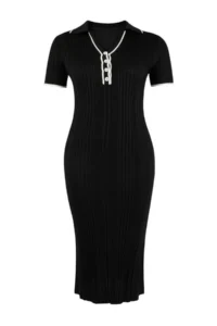 Trendyol Curve Black Polo Shirt Collar Bodysuit hugging Knit Dress