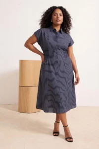 Trendyol Curve Navy Blue Striped Gipelli Midi Weaving Plus Size Shirt Dress