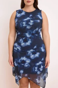 Trendyol Curve Mavi flower patterned Tulle Mendil Skirt Knitting Plus Size Dress - Image 3