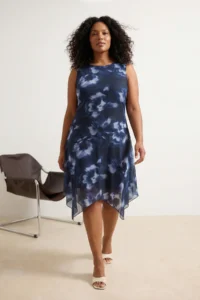 Trendyol Curve Mavi flower patterned Tulle Mendil Skirt Knitting Plus Size Dress - Image 5