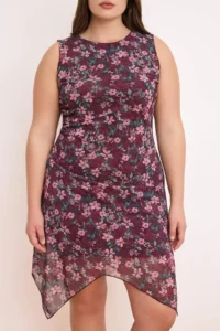 Trendyol Curve Burgundy flower patterned Tulle Mendil Skirt Knitting Plus Size Dress - Image 4