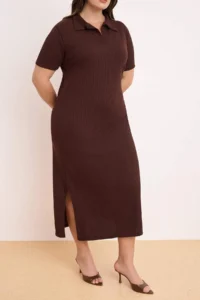 Trendyol Curve Brown Polo Shirt Collar slit shift/Normal Kesim Midi Flexible Knitting Plus Size Dress - Image 3