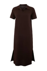Trendyol Curve Brown Polo Shirt Collar slit shift/Normal Kesim Midi Flexible Knitting Plus Size Dress - Image 5