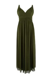 Trendyol Curve Oil Green A-Line V-neck Tulle Knitting LONG Chic Plus Size Evening Gown Night Graduation her dress