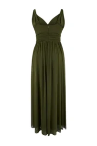 Trendyol Curve Oil Green A-Line V-neck Tulle Knitting LONG Chic Plus Size Evening Gown Night Graduation her dress - Image 3