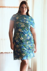 Trendyol Curve Limited Edition Blue flower patterned Tulle Knitting Plus Size Dress
