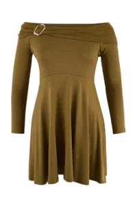 Trendyol Curve Oil Green Carmen Collar Accessory Detailed Knitting Plus Size Dress