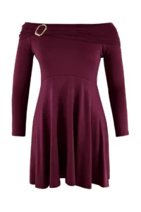Trendyol Curve Plum Carmen Collar Accessory Detailed Knitting Plus Size Dress