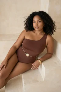 Trendyol Curve Brown One Shoulder Shell Arched Swimsuit - Image 3