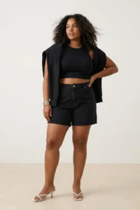 Trendyol Curve Black Elastic High Waist Mini 100% Cotton Non-Stretch Plus Size denim Shorts - Image 3