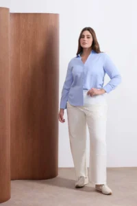 Trendyol Curve Wardrobe Essentials Blue Wacky Collar Weaving Plus Size Shirt - Image 2