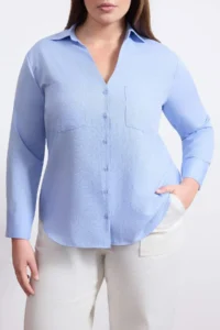 Trendyol Curve Wardrobe Essentials Blue Wacky Collar Weaving Plus Size Shirt - Image 3