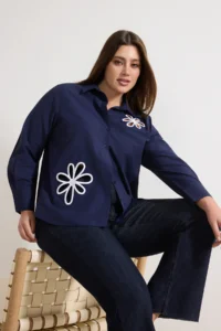 Trendyol Curve Navy Blue Cellular Flower Detailed Long Sleeve Weaving Plus Size Shirt - Image 2