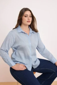 Trendyol Curve Mavi Striped Long Sleeve Thin Transparan Plus Size Shirt
