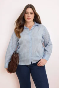 Trendyol Curve Mavi Striped Long Sleeve Thin Transparan Plus Size Shirt - Image 2