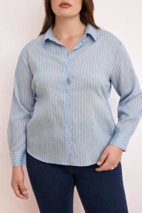 Trendyol Curve Mavi Striped Long Sleeve Thin Transparan Plus Size Shirt - Image 3