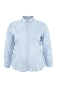 Trendyol Curve Mavi Striped Long Sleeve Thin Transparan Plus Size Shirt - Image 6