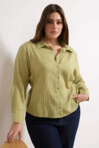 Trendyol Curve Green Striped Long Sleeve Thin Transparan Plus Size Shirt - Image 2
