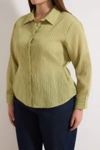 Trendyol Curve Green Striped Long Sleeve Thin Transparan Plus Size Shirt - Image 3