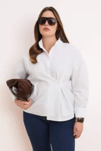 Trendyol Curve Trendyol Studio White Adjustable Oversized Asymmetric Cotton Poplin Shirt