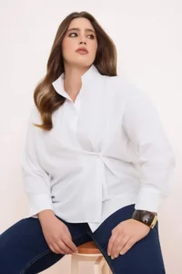 Trendyol Curve Trendyol Studio White Adjustable Oversized Asymmetric Cotton Poplin Shirt - Image 2