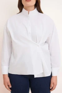 Trendyol Curve Trendyol Studio White Adjustable Oversized Asymmetric Cotton Poplin Shirt - Image 3