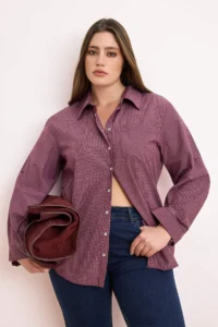 Trendyol Curve Burgundy-Multicolored Plaid/Checkered Wide Cuffed Sleeve Foldable Oversized Shirt - Image 2