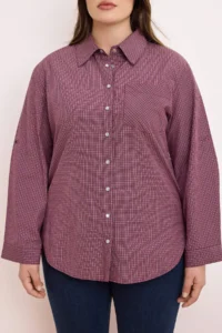 Trendyol Curve Burgundy-Multicolored Plaid/Checkered Wide Cuffed Sleeve Foldable Oversized Shirt - Image 3