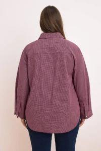 Trendyol Curve Burgundy-Multicolored Plaid/Checkered Wide Cuffed Sleeve Foldable Oversized Shirt - Image 4