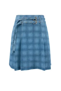 Trendyol Curve Mavi High Waist Plaid Patterned pleated Arched 100% Cotton Non-Stretch denim Skirt - Image 4