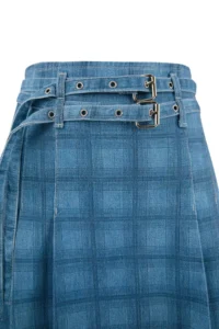 Trendyol Curve Mavi High Waist Plaid Patterned pleated Arched 100% Cotton Non-Stretch denim Skirt - Image 5