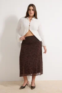 Trendyol Curve Brown Flok Patterned Knitting Plus Size Skirt - Image 2