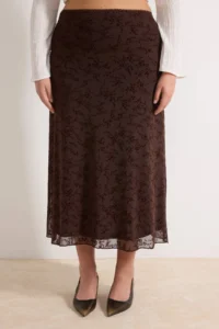 Trendyol Curve Brown Flok Patterned Knitting Plus Size Skirt - Image 3