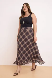 Trendyol Curve Multicolored Midi Plaid/Checkered Wrinkle Look Trend Weaving Plus Size Skirt - Image 2