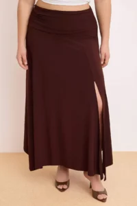 Trendyol Curve Brown Waist Detailed Slit Flexible Knitting Maxi Plus Size Skirt - Image 2