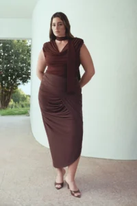 Trendyol Curve Limited Edition Brown Sandy Shirring Detailed Knitting Plus Size Skirt