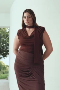 Trendyol Curve Limited Edition Brown Sandy Shirring Detailed Knitting Plus Size Skirt - Image 2