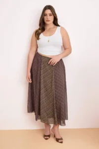 Trendyol Curve Khaki-Brown Checkered Lined Siphon Wrinkle Effect Maxi Asymmetric Plus Size Skirt
