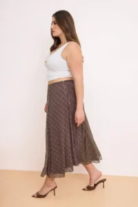 Trendyol Curve Khaki-Brown Checkered Lined Siphon Wrinkle Effect Maxi Asymmetric Plus Size Skirt - Image 2