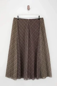 Trendyol Curve Khaki-Brown Checkered Lined Siphon Wrinkle Effect Maxi Asymmetric Plus Size Skirt - Image 7