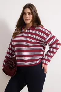 Trendyol Curve Burgundy Striped Oversized Plus Size T-Shirt