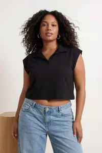 Trendyol Curve Black 100% Thick Cotton Polo Shirt Collar Regular/Normal Pattern Plus Size Knitting T-Shirt