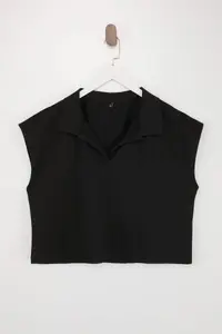 Trendyol Curve Black 100% Thick Cotton Polo Shirt Collar Regular/Normal Pattern Plus Size Knitting T-Shirt - Image 3