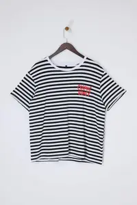 Trendyol Curve Red Striped Thick Cotton Slogan Embroidery Detailed Knitting Plus Size T-Shirt - Image 4